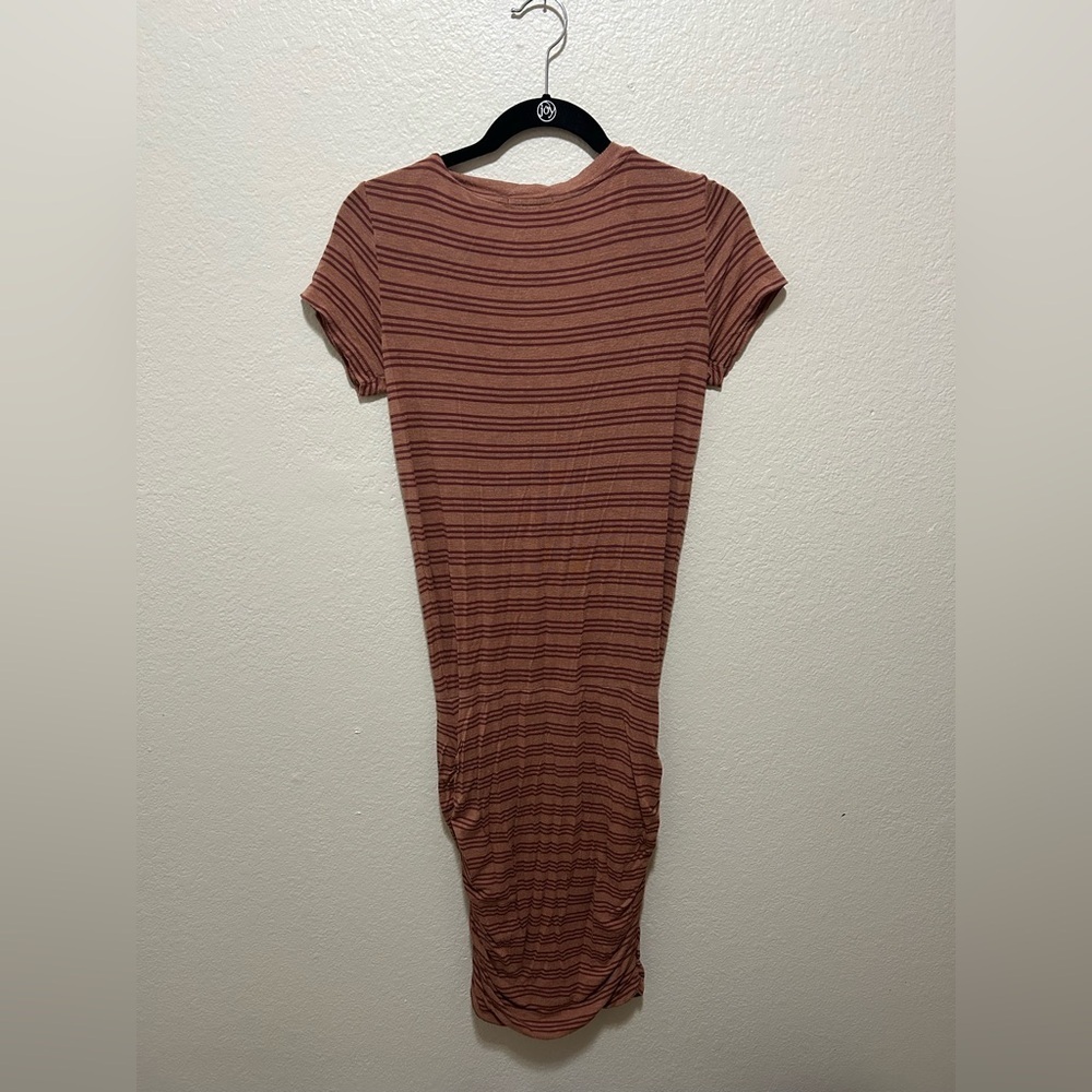 prAna Striped Modal Bodycon Midi Dress Rust Ruched Size Small Slow Fashion - Picture 3 of 4
